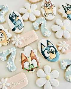 decorated cookies with cartoon characters on them and name tags in the shape of flowers, daisies and leaves