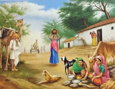 a painting of people and animals in a rural area