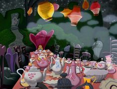 a painting of teapots and other items on a table with paper lanterns in the background