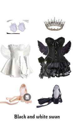 Black Swan- black tutu/ballerina skirt, white tights, white point shoes or white shoes, black corset, black tiara/crown, black see-through gloves.    White swan- white tutu/ballerina skirt, white tights, white ballet shoes/white shoes, white silk gloves, white feathers for the hair. Let me know if I missed anything. Black White Costume, Black Swan Costume Ideas, Black Swam And White Swan Halloween, White Swan Black Swan Costume, Swan Halloween Costume, White And Black Swan, Black And White Costume Ideas, White Costumes Ideas, Black Swan And White Swan