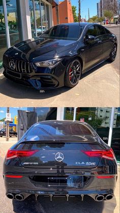 two different cars parked in front of a building on the side of the road, one black and one red