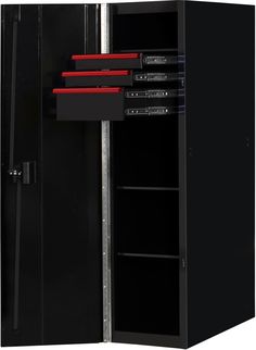 an empty black storage cabinet with red shelves