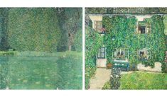 two paintings of houses with green ivy growing on them