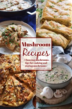 mushroom recipes with mushrooms and other foods on the table, including pizzas, soup