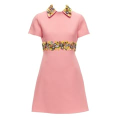 VALENTINO pink yellow multicolor beads embroidered collar belt shift dress Reference: LACG/A00409 Brand: Valentino Designer: Pierre Hardy Collection: Crepe Couture Material: Feels like wool Color: Pink, Multicolour Pattern: Solid Closure: Zip Lining: Pink Fabric Extra Details: This pink embellished mini dress has been expertly crafted in Italy from soft cotton and a fine blend of silk and virgin wool. It features a short length, short sleeves, a back zip fastening and embellished floral detailin Luxury Embellished Pink Dress, Luxury Pink Embellished Dresses, Elegant Pink Dress With Embroidered Neckline, Dress Reference, Valentino Pink, Belted Shift Dress, Embellished Mini Dress, Zip Lining, Valentino Designer