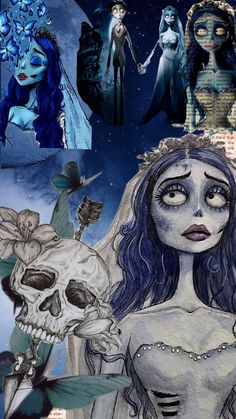 a collage of images with skulls, flowers and other things in the background that include an image of a woman's face