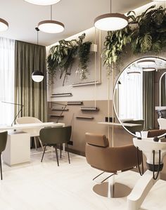 a salon with chairs, mirrors and plants on the wall