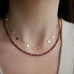 Add a special touch to your look. Our Birthstone Bead Collection styles are crafted with natural stones and ten 14k gold rondelles strung on a coated wire for maximum durability. Wear your own birthstone—or a loved one’s—for a meaningful layer in any necklace stack. Garnet is January's birthstone. Gold Necklace With Beads, Fall Necklaces Beaded, Fall Necklaces, Stacking Necklaces, Crystal Beads Necklace, Bead Bar Necklace, Layered Beaded Necklaces, Bead Collection, Antique Necklaces Design