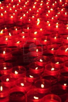 rows of lit candles are arranged on the ground