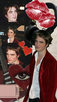 a young man with red lipstick and headphones in front of a collage of photos