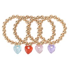 These FAOabulous by FAO Schwarz mesh stretch bracelets are designed to add a touch of elegance and fun to a child's outfit while prioritizing comfort and safety. They offer a charming way for young ones to experiment with jewelry with endless options of mixing and matching with other pieces. This set contains 4 strands of gold tone beaded stretch bracelets with multi colored acrylic heart charm accents. These are a great option to add some shimmer and shine for a special occassion or a fun dress Fao Schwarz, Shimmer N Shine, Beaded Stretch Bracelet, Acrylic Beads, Girls Shopping, Stretch Bracelets, Heart Charm, Bracelet Set, Fitness Fashion