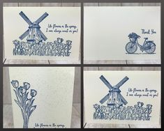 four cards with windmills and flowers in blue ink on white paper, each one has a poem