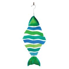 a green and blue fish hanging from a hook