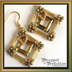 the earrings are made with gold and green beads