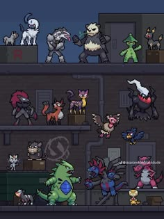 an animated video game with many different types of monsters and other creatures in it, including cats