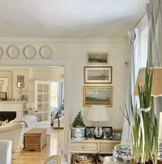 a living room filled with furniture and a potted plant on top of a table