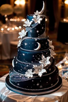 Celestial Cascade: Midnight Blue and Silver Birthday Cake Beautiful Tiered Cakes, Black And Navy Blue Quinceanera Theme, Under The Stars Cake Sweet 16, Quinceanera Cake Ideas Blue, Galaxy Theme Quinceanera, Wedding Cake With Sprinkles, Midnight Blue Wedding Cake, Sweet 16 Stars Theme