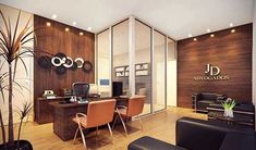 an office with modern furniture and wood paneling