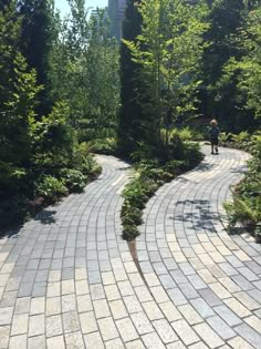 a person walking down a brick path in the park with trees and bushes around it