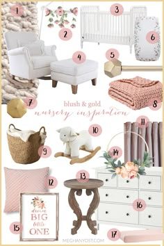 pink and gold nursery decor with white furniture