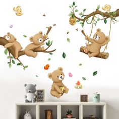 three teddy bears sitting on tree branches with leaves and flowers in the background wall decals