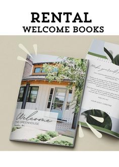 an open book with the title'rental welcome books'in front of it and a photo of a house