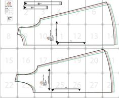 the front and back view of a sewing pattern, with measurements for the top section