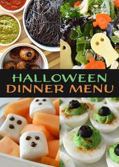 halloween dinner menu with devil's eyes, ghost faces and veggies in bowls