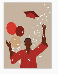 an illustration of a man holding balloons and confetti in his hand with graduation caps above him