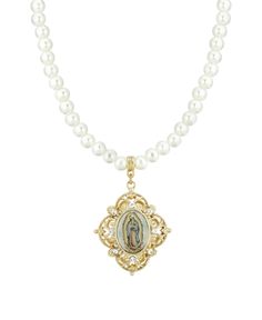 Make a spiritual statement with this two-tone Mary pendant on a beautiful faux pearl necklace. Mother Mary Necklace, Symbols Of Faith, Mary Necklace, Pearl Necklaces, Faux Pearl Necklace, Necklace Online, Adjustable Necklace, Mother Mary, Faux Pearl