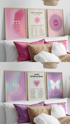 two pictures with pink and white pillows in front of them, one is above the bed