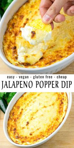 jalapeno popper dip recipe in a white bowl with a hand dipping it into the dip