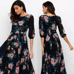 Never Worn! Sold At Both Anthropologie And Bhldn. Three-Quarter Sleeves With Since On End Of The Sleeve. Amazing Floral Print, The Background Color Is Black. Boho Style Can Be Worn Dressed Up Or Down. Elegant Black Floral Maxi Dress, Fitted Black Floral Maxi Dress, Feminine Black Maxi Dress With Floral Print, Black Floral Print Chiffon Midi Dress, Black Chiffon Midi Dress With Floral Print, Black Boho Style, Eyelet Maxi Dress, Cream Color Dress, Color Block Maxi Dress