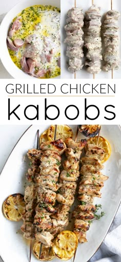 grilled chicken kabobs on skewers with lemon wedges and sauce