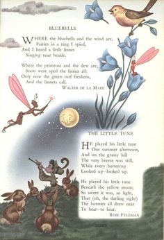 an old children's book page with pictures of animals and birds in the sky