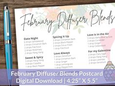 "February Essential Oil Diffuser Recipe Postcards | Valentine's Day Diffuser Blends | Instant Digital Download for a 4.25 X 5.5 Postcard A sweet postcard with blends designed to bring love into the air! Compliment Valentine's Day plans with these timely diffuser recipes. Send these as happy mail and get your customers excited to try fun new essential oil diffuser blends! -------------------------------------------------------------------------------------------------------------------- This item is a DIGITAL download, you will not receive a physical item shipped to you. -------------------------------------------------------------------------------------------------------------------- WHAT'S INCLUDED: After completing your purchase, access your files under your purchases in your Etsy accou Scent Recipes, Diy Lotions, Notion Ideas, Blends Worksheets, Soy Melts