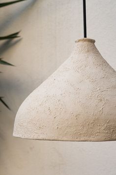 a white ceramic light hanging from a black metal hook next to a green leafy plant