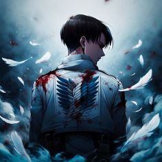 an anime character with blood on his chest and wings flying around him in the air