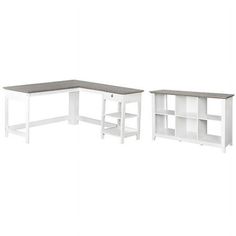 two white desks with shelves on each side