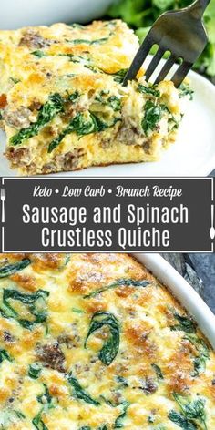 sausage and spinach crustless quiche on a plate with a fork in it