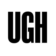 the ugh logo is black and white