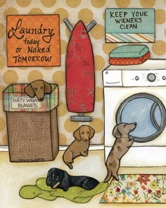 an image of laundry day with dogs