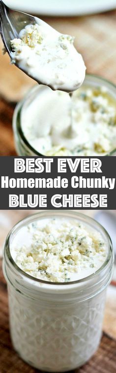 the best ever homemade chunky blue cheese is in a glass bowl with a spoon