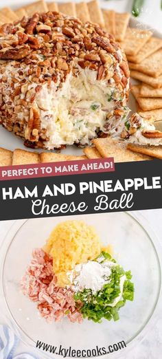 ham and pineapple cheese ball on a plate with crackers