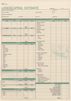 a spreadsheet for landscaping with the words landscaping estmate written in green on it