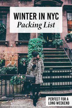 a woman standing in front of a building with the words, what to pack for a winter