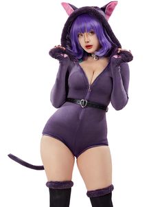 PRICES MAY VARY. Package: bodysuit, choker, tail, belt, socks Design: Made of flannel. The Women's Purple Plush Costume features a cat ears hoodie and cat paw print on the sleeves to add to your cuteness. Daily Wear: This hooded romper can be a daily fashion set. Perfect for dating, street, holiday, trip, shopping, weekend,club wear, night out and Christmas, Halloween. Size: Small, medium, large, x-large for you to choose. Please refer to the size chart before ordering. Service: we are dedicated to providing you with excellent after-sales service. Any issue, please contact us directly, and we will be available to assist you any time. SIZE CHART(inch/cm)  Size S Bust 33-34/84-87 Waist 26-27.5/66-70 Hips 34-36/87-92 Height 5'1"-5'3"/155-160 Cup Size 30D/32B/32C/34A  Size M Bust 35-36/89-92 W Junko Furuta, Cat Onesie, Rave Outfits Edc, Socks Design, Cat Cosplay, Halloween Wallpapers, Festival Outfits Rave, Stylish Crop Top, Cat Paw Print