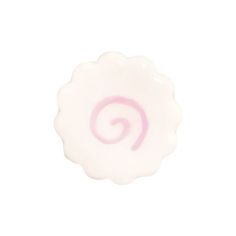 a white lollipop with pink swirls on it's side against a white background