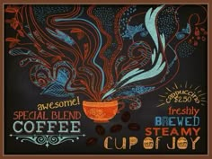 a chalkboard with coffee related items on it