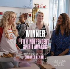 three women standing in front of a table with donuts on it and the words winner film independent spirit awards